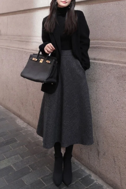 A line midi striple wool skirt with pockets TT0177