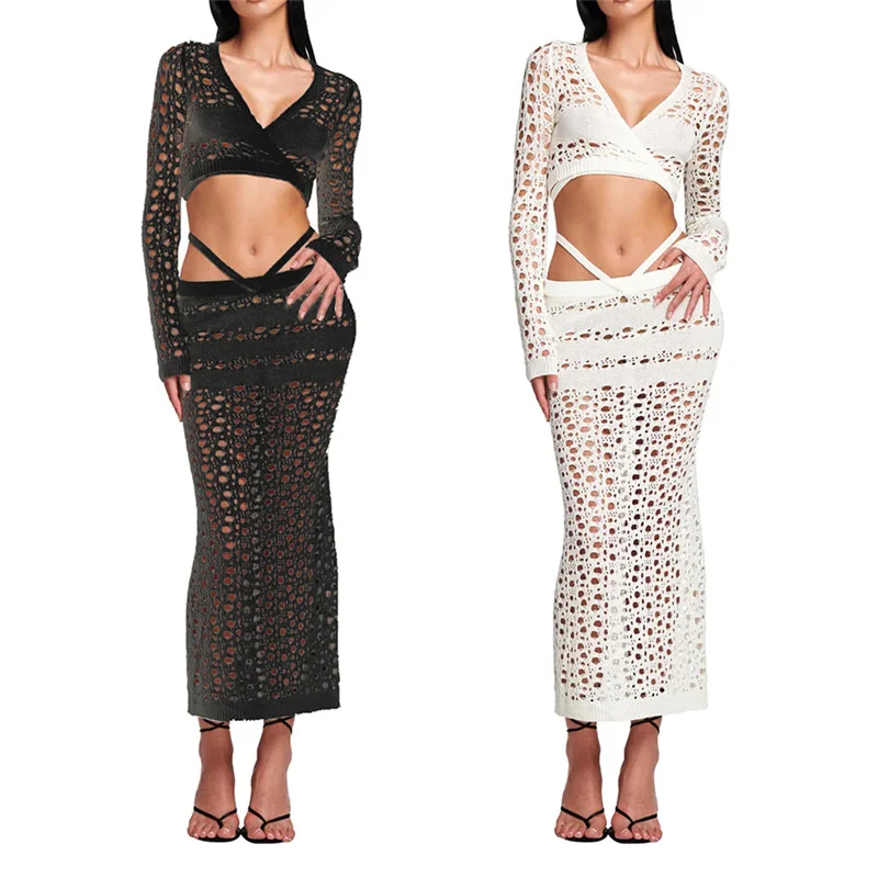 C0801TA9 Summer Trendy Sexy Hollow Out Bandage Crop Top Crochet 2 Piece Skirt Set Women Sehe Fashion