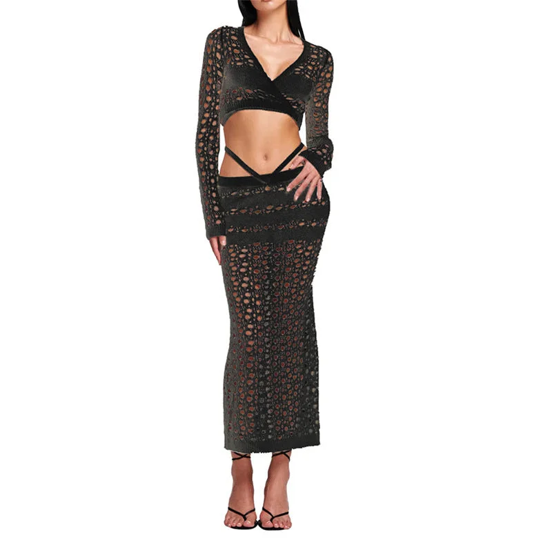 C0801TA9 Summer Trendy Sexy Hollow Out Bandage Crop Top Crochet 2 Piece Skirt Set Women Sehe Fashion