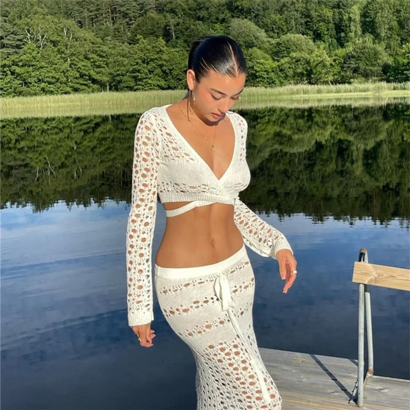 C0801TA9 Summer Trendy Sexy Hollow Out Bandage Crop Top Crochet 2 Piece Skirt Set Women Sehe Fashion