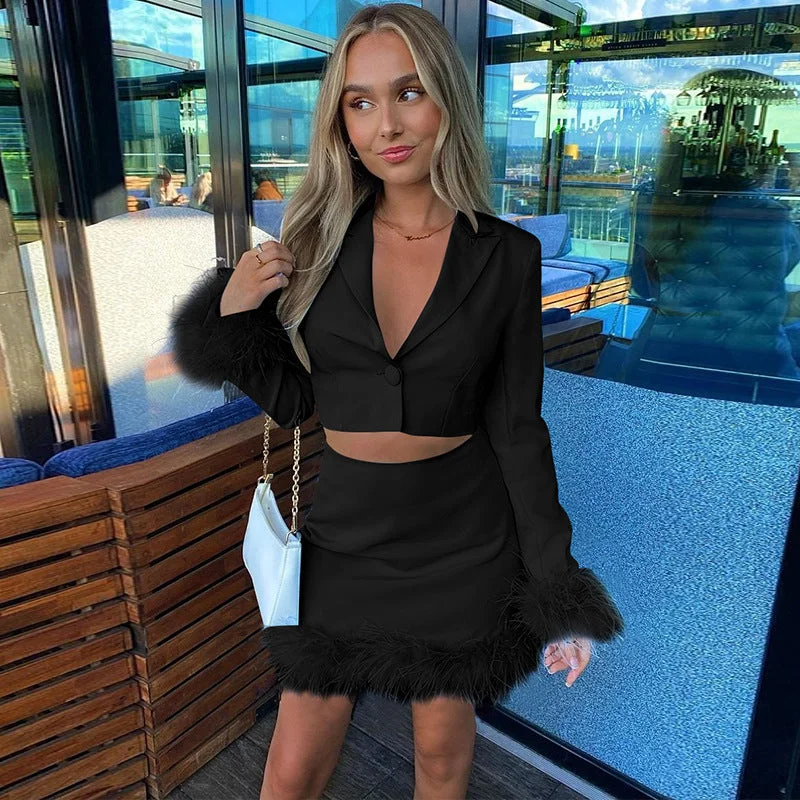 Cardigan long sleeve jacket slim short skirt set with fur edge crop Tops And Skirt Two Piece Sets Outifits Fall Women Clothing