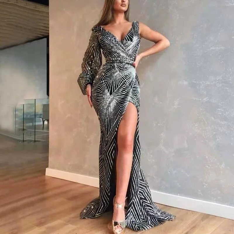 FashionSierra - Women Sexy V Neck Sequins Evening Party Dresses