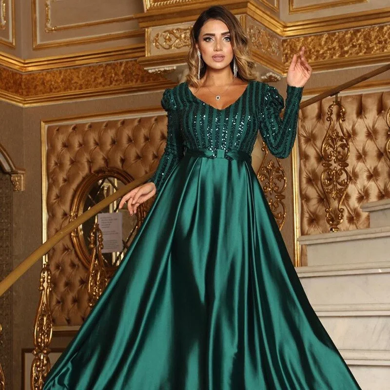 FashionSierra - V-neck Long Sleeves Floor Length Satin Sequin Prom Dresses