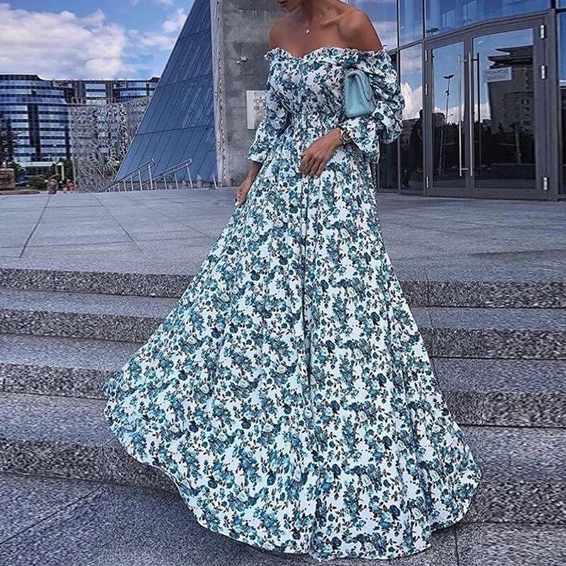 FashionSierra - Summer Floral Print Sexy Boat Neck Prom Dresses