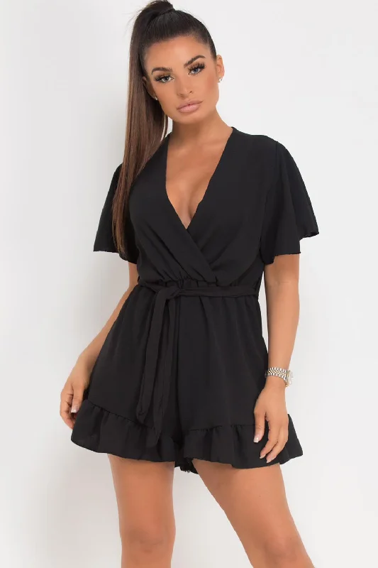 Black Plunge Frill Tie Waist Playsuit