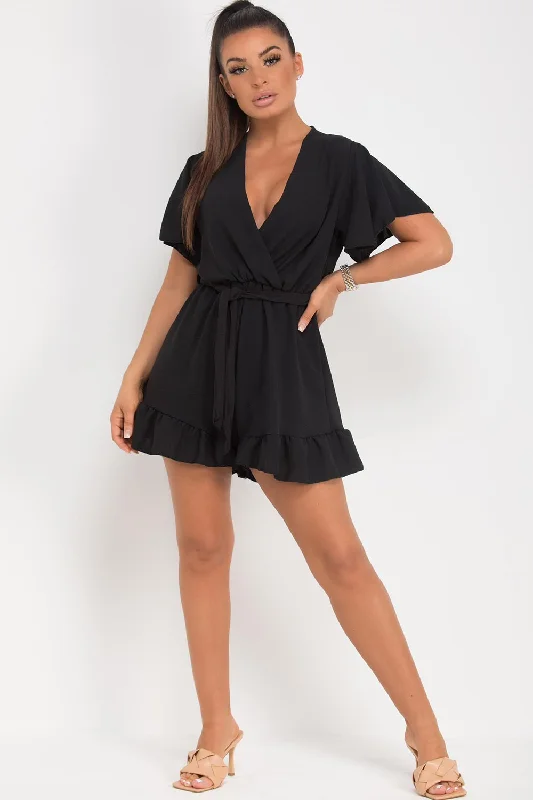 Black Plunge Frill Tie Waist Playsuit