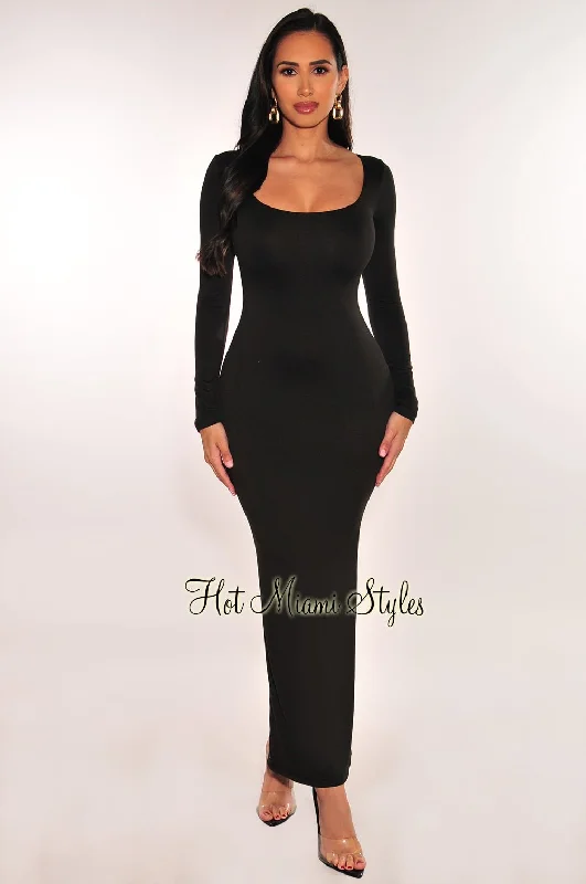 Black Round Neck Long Sleeve Maxi Dress