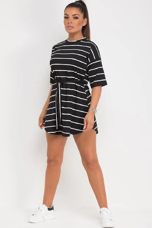 Black Stripe T Shirt Dress With Belt