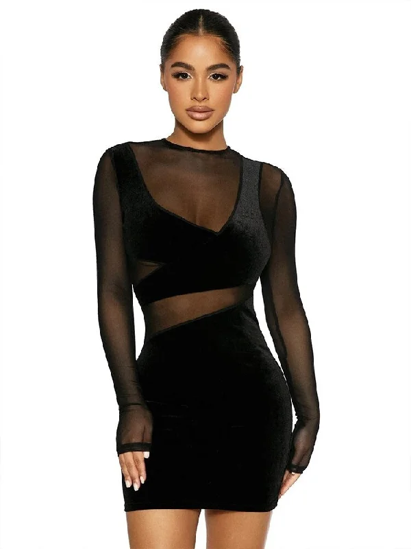 Black Velvet Mesh Mini Dress