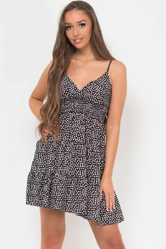 Black White Polka Dot Strappy Tiered Skater Dress