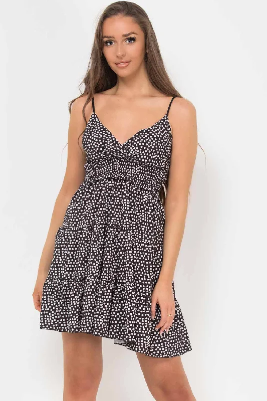 Black White Polka Dot Strappy Tiered Skater Dress