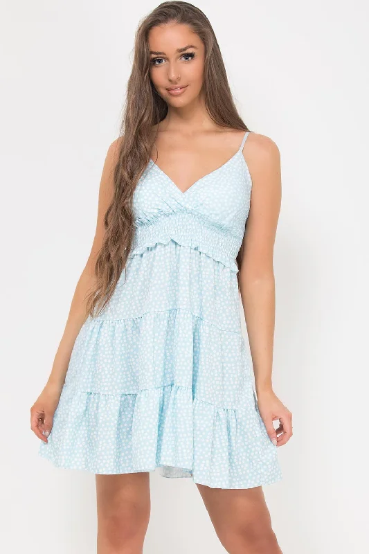 Blue Polka Dot Strappy Tiered Skater Dress