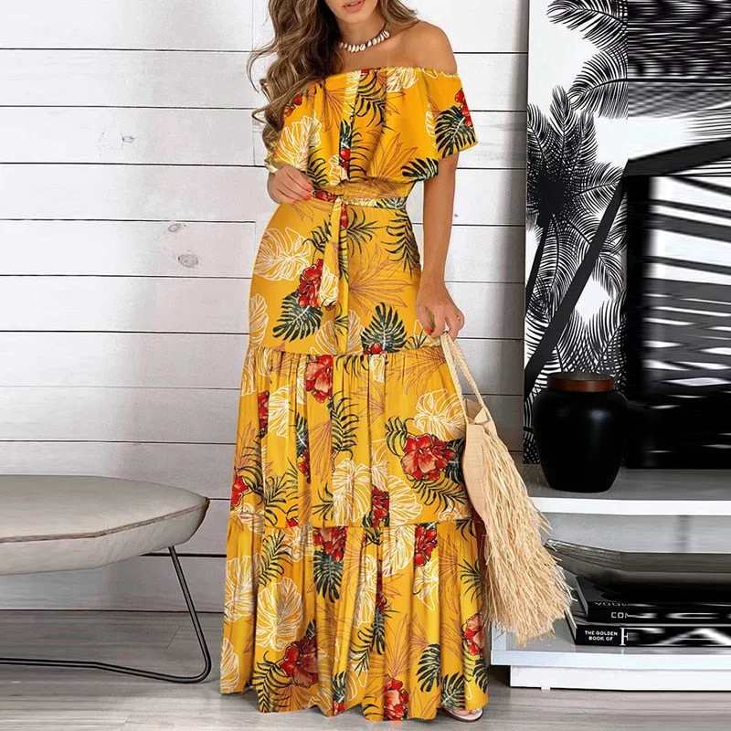 Elegant Floral Print Lady Maxi Party Dress