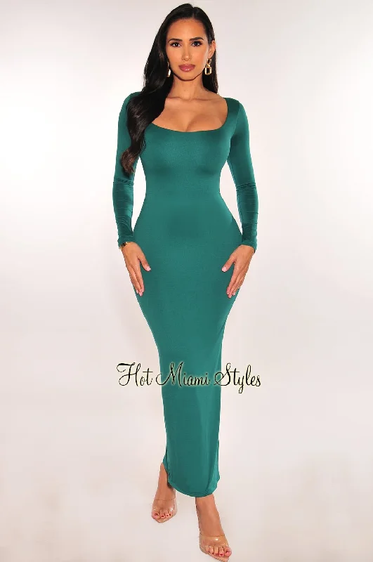 Emerald Green Round Neck Long Sleeve Maxi Dress