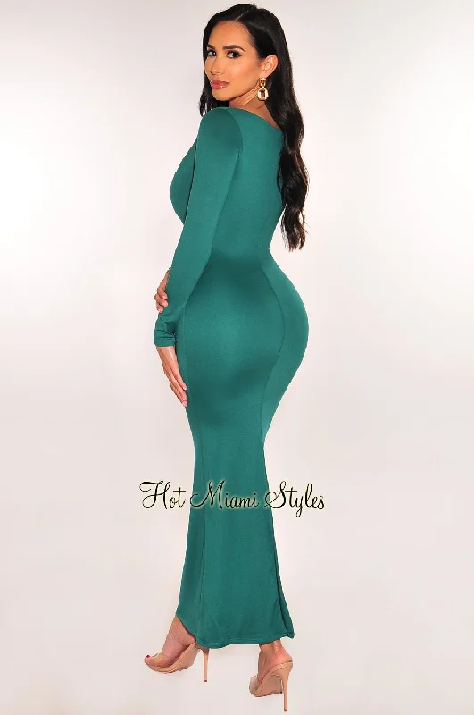 Emerald Green Round Neck Long Sleeve Maxi Dress