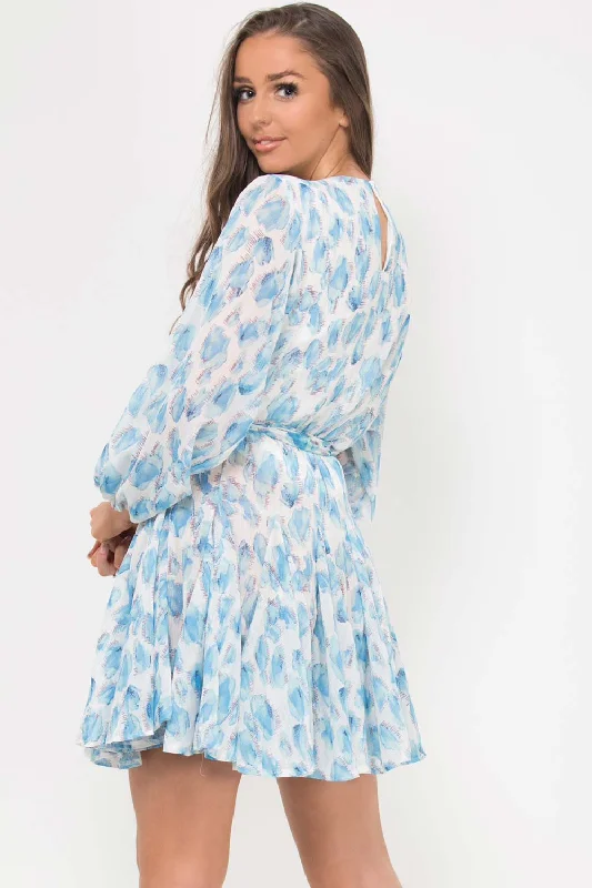 Floral Print Chiffon Skater Dress Blue