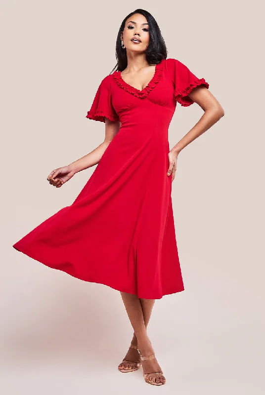 Goddiva Flare Sleeve Frill Edge Midi Dress