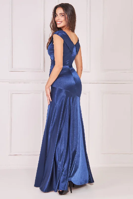 Goddiva Satin Off Shoulder Pleated Maxi Dress