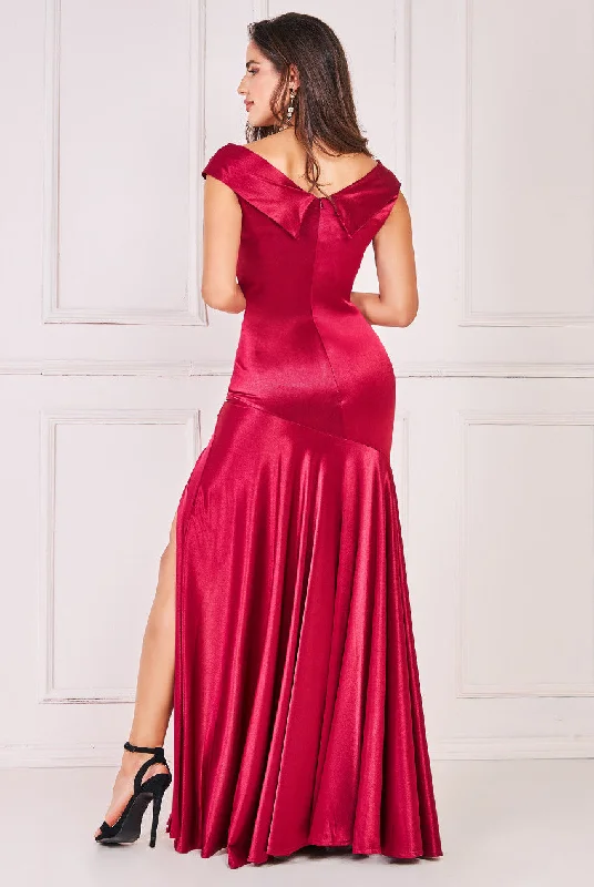 Goddiva Satin Off Shoulder Pleated Maxi Dress