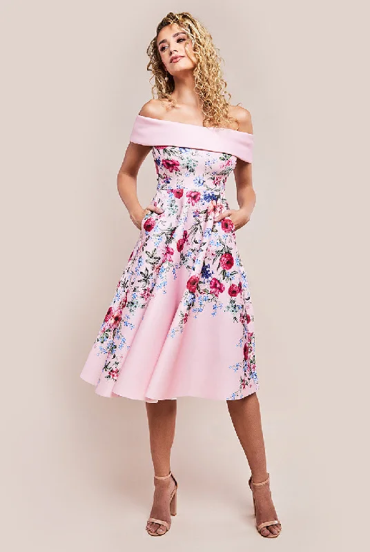 Goddiva Scuba Foam Floral Bardot Midi Dress