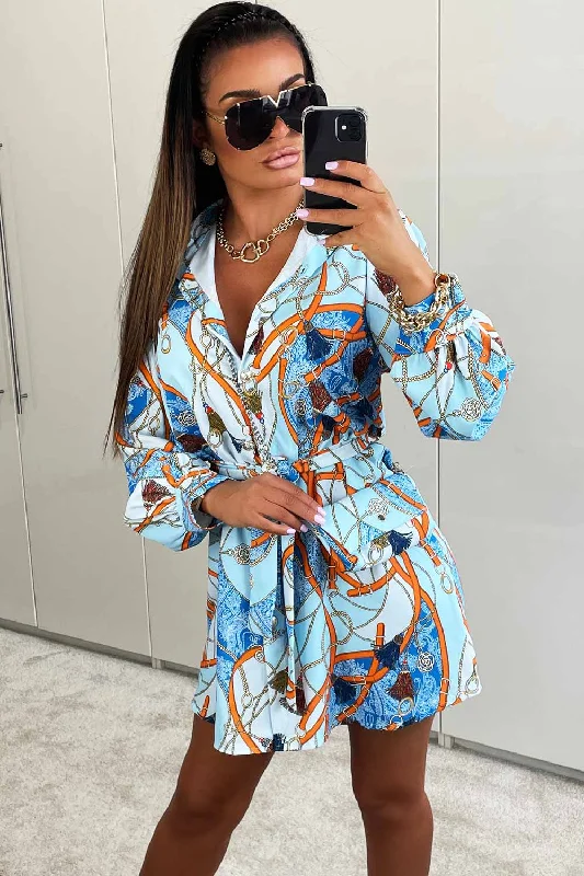 Gold Chain Print Shirt Dress With Bag Blue