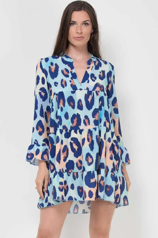 Leopard Print Tiered Smock Dress Blue