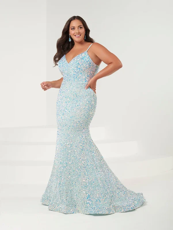 Plus Size Fitted Sequin V-Neck Gown by Tiffany Designs 16956