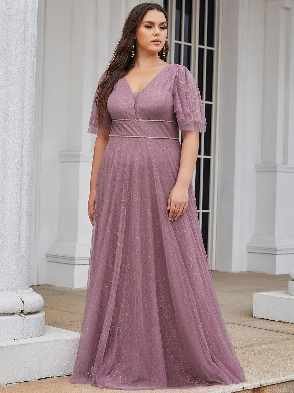 Plus Size Wholesale Tulle Evening Dress with Deep V Neck