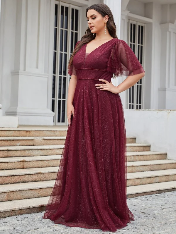 Plus Size Wholesale Tulle Evening Dress with Deep V Neck