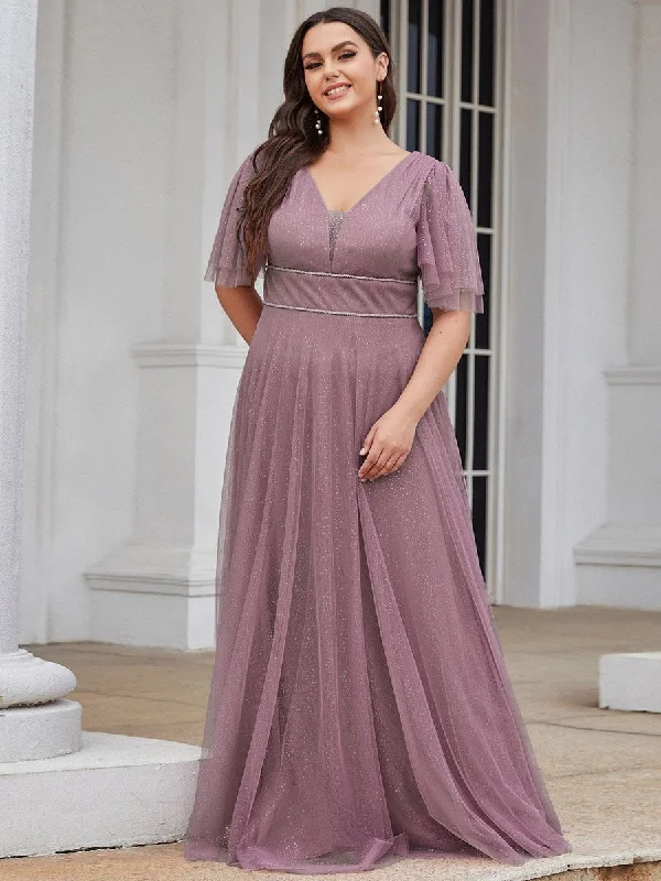 Plus Size Wholesale Tulle Evening Dress with Deep V Neck