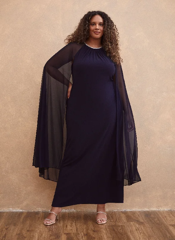 Rhinestone Neck Maxi Cape Dress