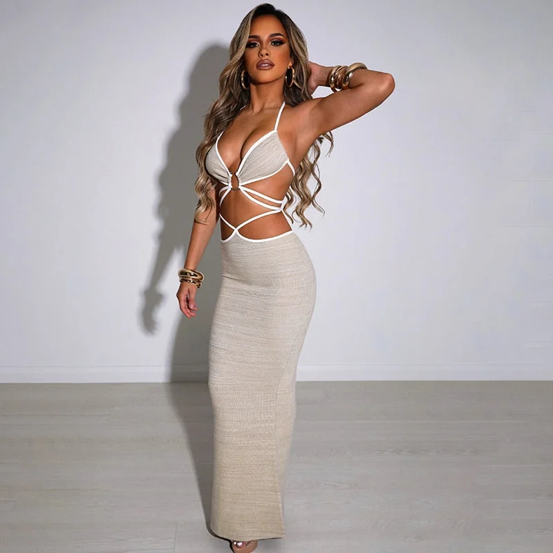 Sleeveless Halter Bandage Crop Maxi Skirt Set