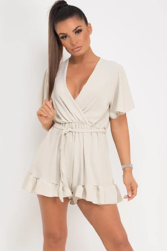 Stone Plunge Frill Tie Waist Playsuit