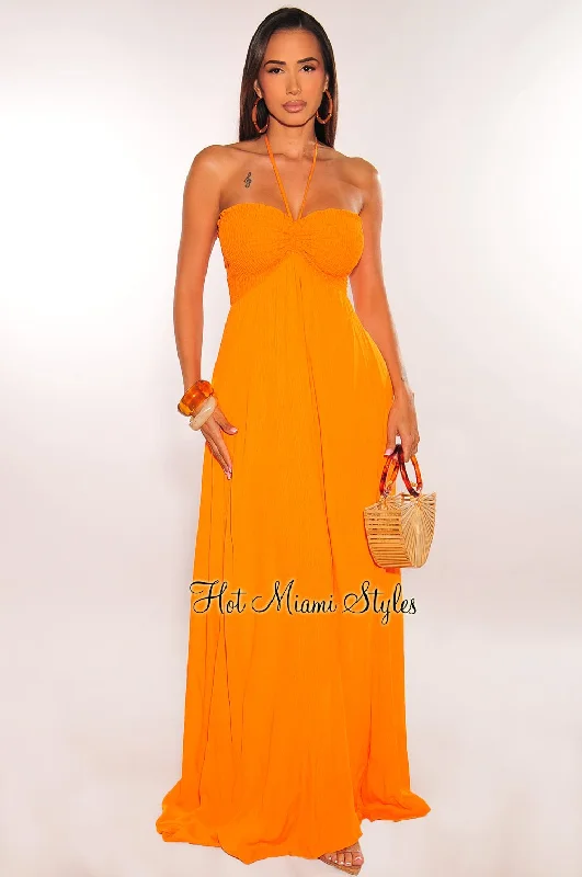 Tangerine Smocked Halter Maxi Dress