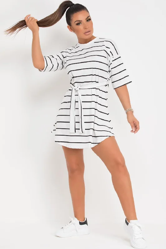 White Striped T Shirt Dress With Belt