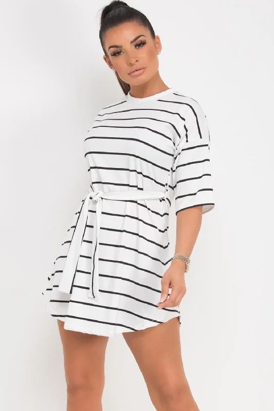 White Striped T Shirt Dress With Belt