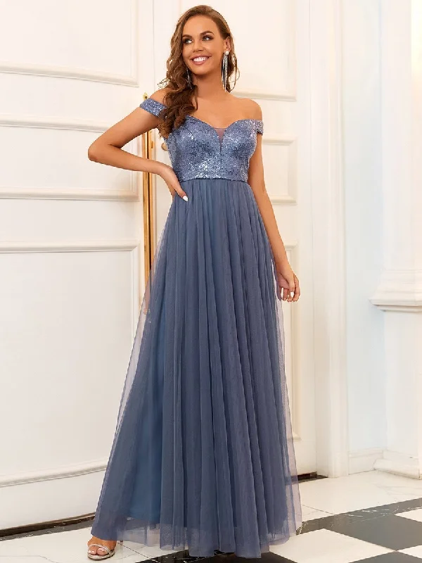 Wholesale High Waist Tulle & Sequin Sleeveless Evening Dress