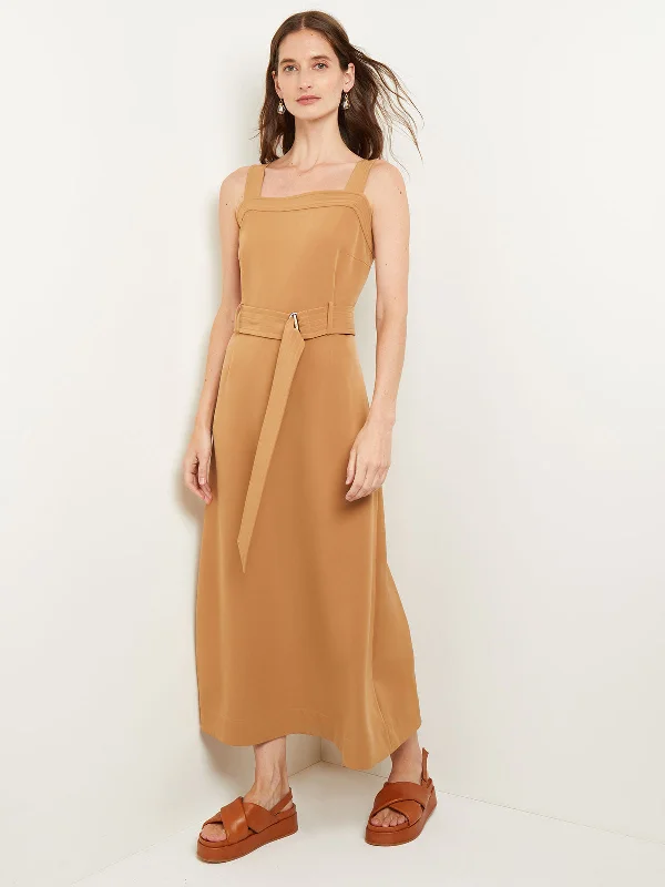 Maxi A-Line Dress - Belted Square Neck Stretch Woven