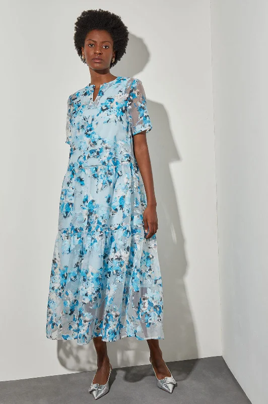 Maxi A-Line Dress - Tiered Sheer Floral Woven