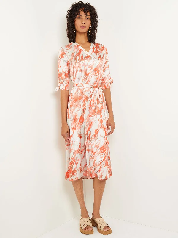 Midi A-Line Dress - V-Neck Print Crepe de Chine