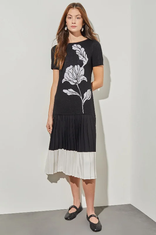 Midi Drop-Waist Dress - Pleated Mixed-Media