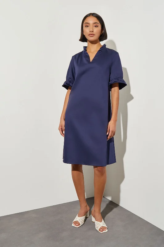 Ruffle Detail Cotton Poplin Shift Dress, Indigo